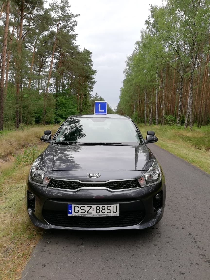 Grafitowa KIA Rio z niebieskim oznaczeniem L, widok z przodu