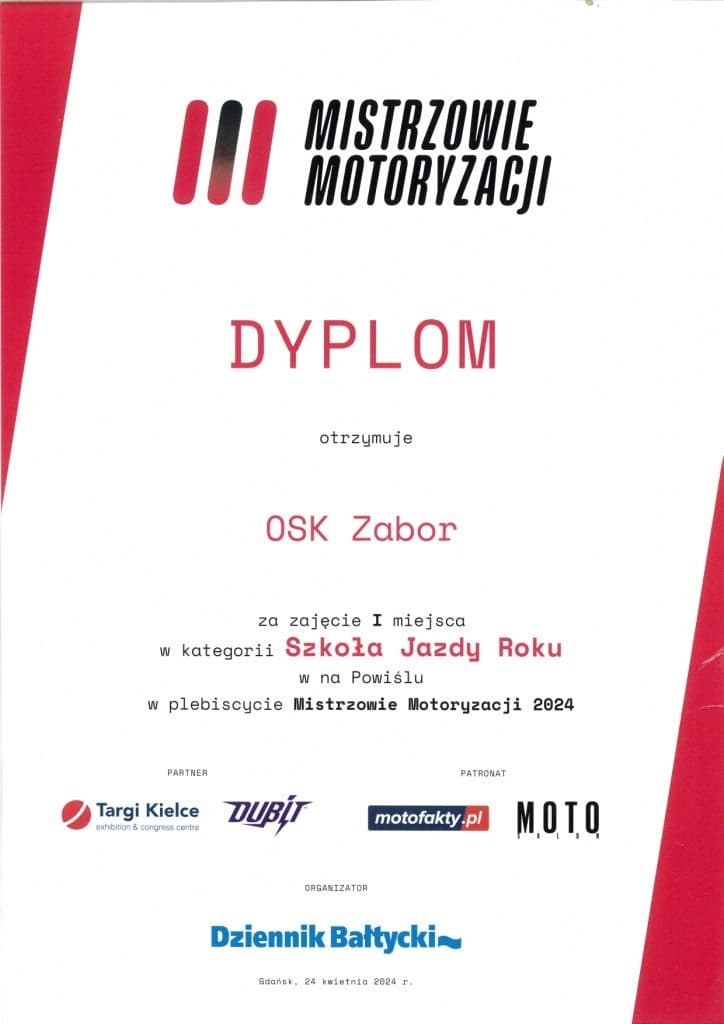 Dyplom OSK Zabor: I miejsce — Szkoła Jazdy Roku na Powiślu, 2024