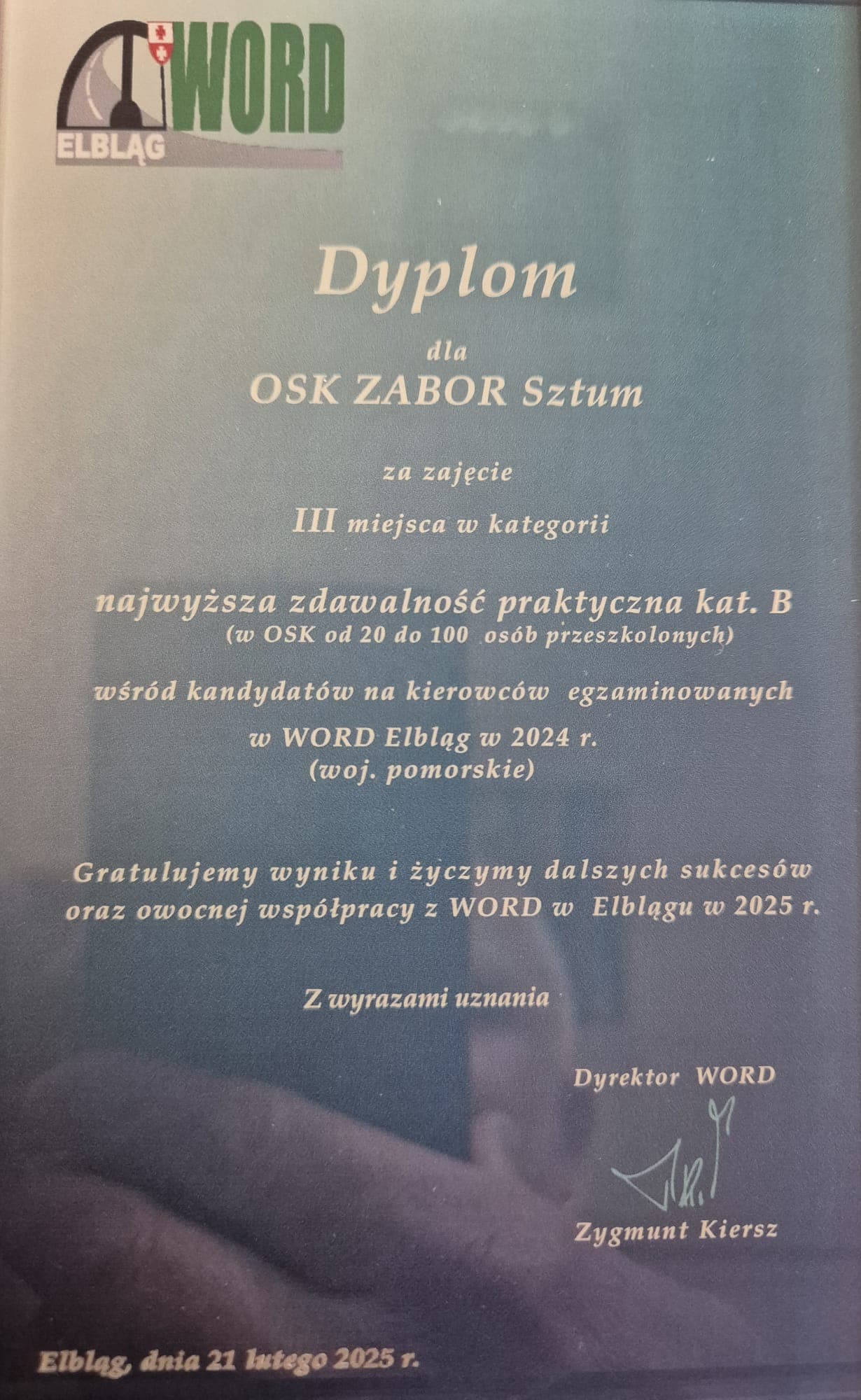 Dyplom OSK Zabor: III miejsce — zdawalność praktyczna kat. B, 2024