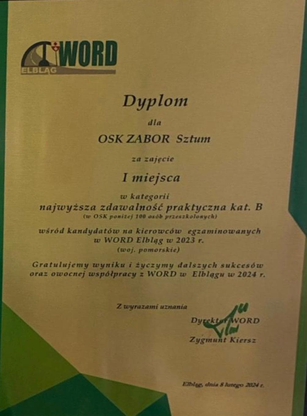Dyplom OSK Zabor: I miejsce — zdawalność praktyczna kat. B, 2023