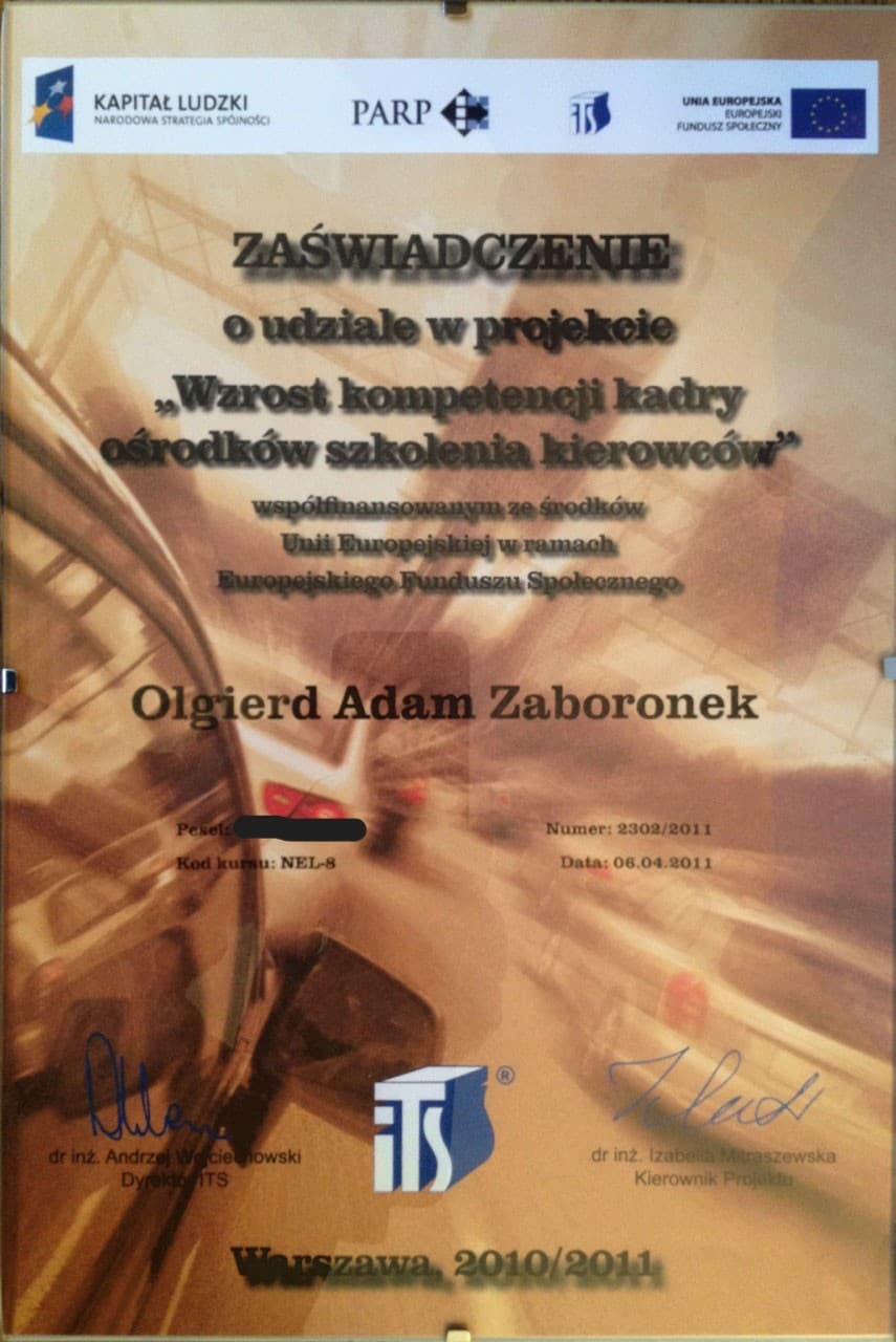 Certyfikat Olgierda Zaboronka: Udział w projekcie rozwoju kompetencji, 2011